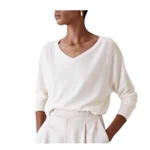 Banana Republic Forever Sweater Cream Tight Knit Dolman Sleeve Double V-Neck L